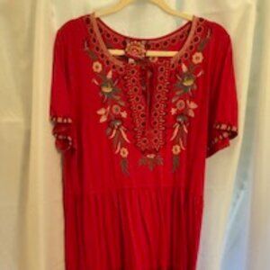 Red JOHNNY WAS 3 Tier Maxi Dress Floral Embroidery with Tie at Neck size XL